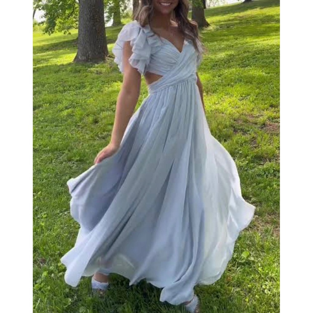 Altar'd State Maxi Dress Womens Medium Blue Excellent Ruffle Sleeve Cutout